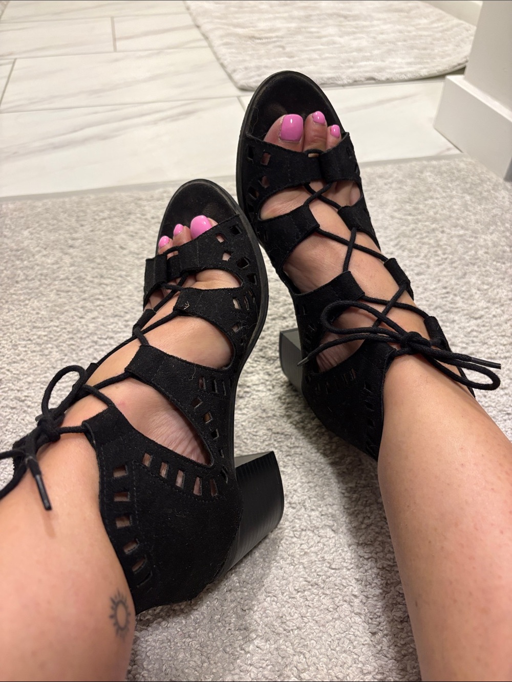 Lace-Up Black Block Heel Sandals 7.5